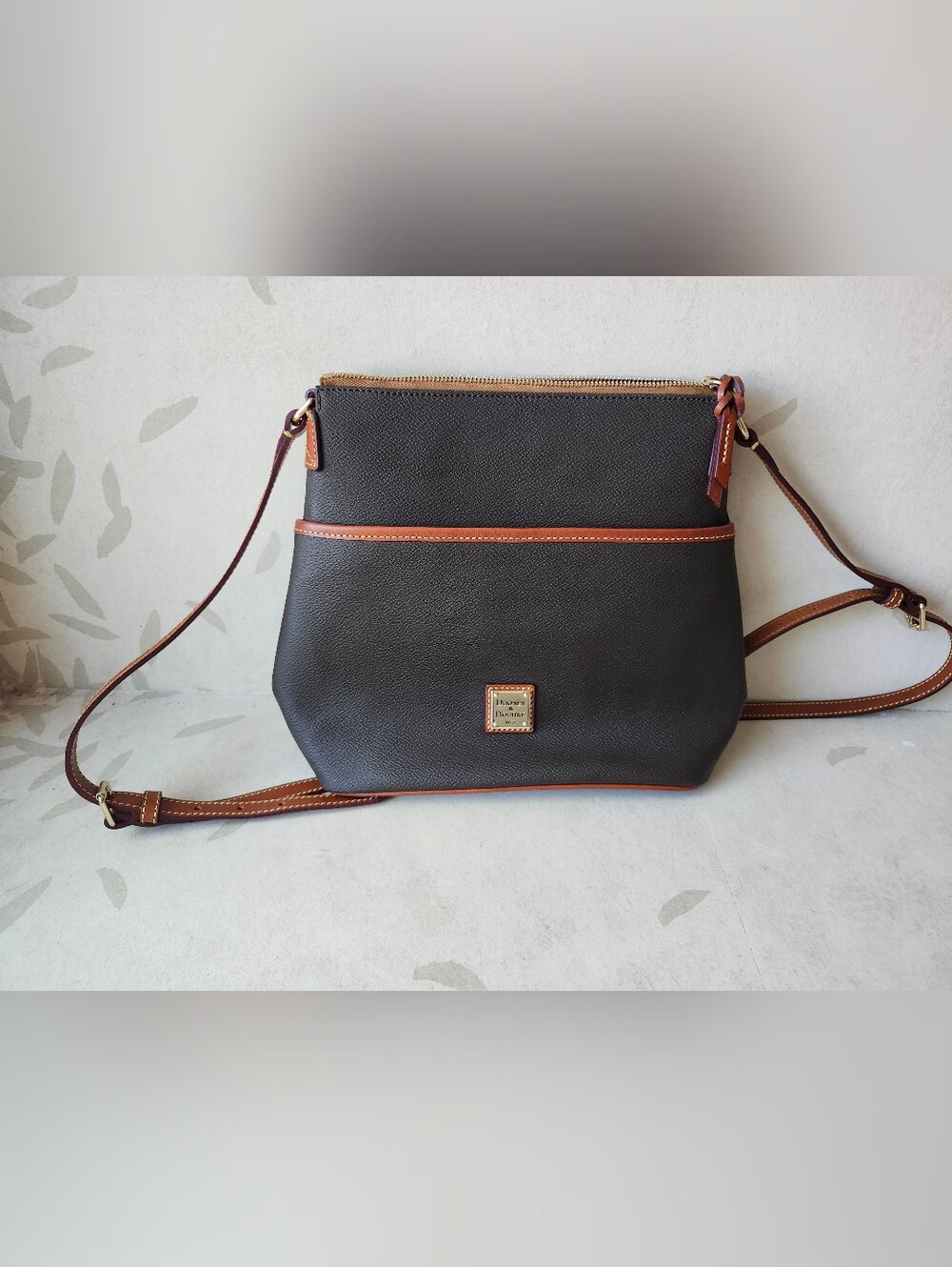Dooney & Bourke Dark Brown Pebble Leather Crossbody with Tan Trim